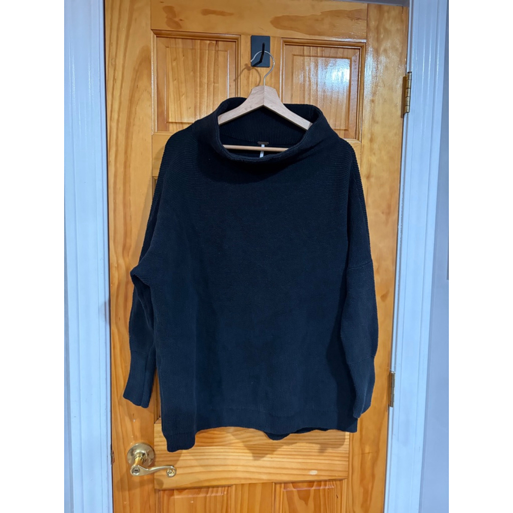 Free People Black Ottoman Ribbed Knit Sweater Oversized Slouchy Pullover Small
